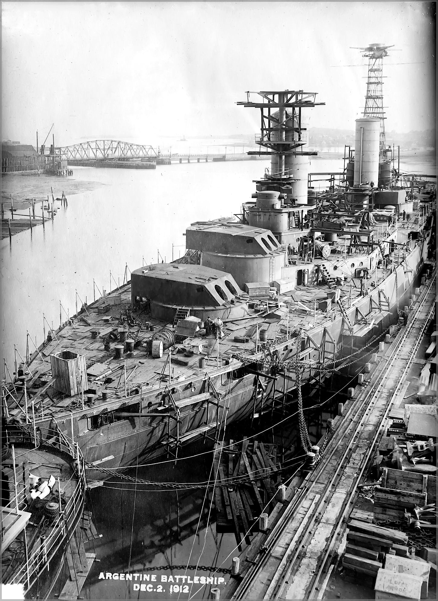 Argentine battleship Rivadavia under construction, Fore River Shipyard, Quincy, Massachusetts, December 2nd 1912.jpg