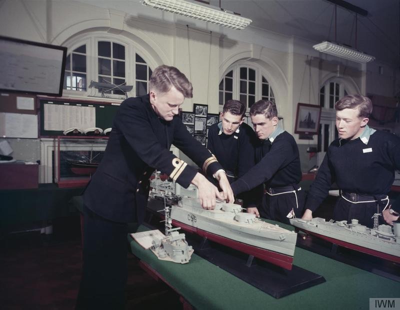 Seamanship instruction on ship models for naval officer cadets at Britannia Royal Naval College, Dartmouth in 1959..jpg