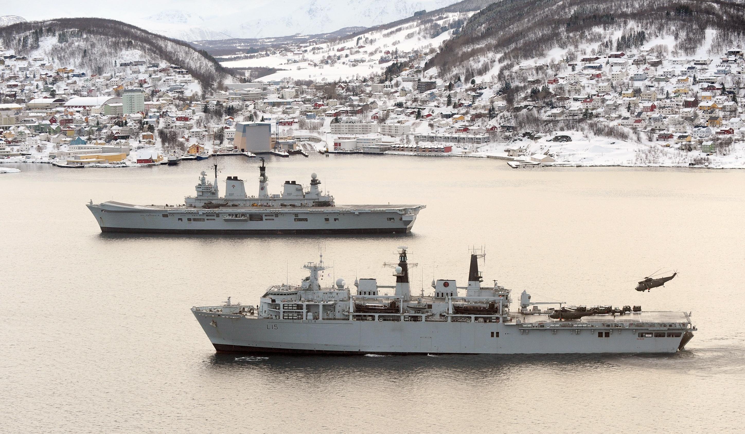 HMS Illustrious (R06) and HMS Bulwark (L15) near Harstad, Norway, Exercise Cold Response, 2012.jpg