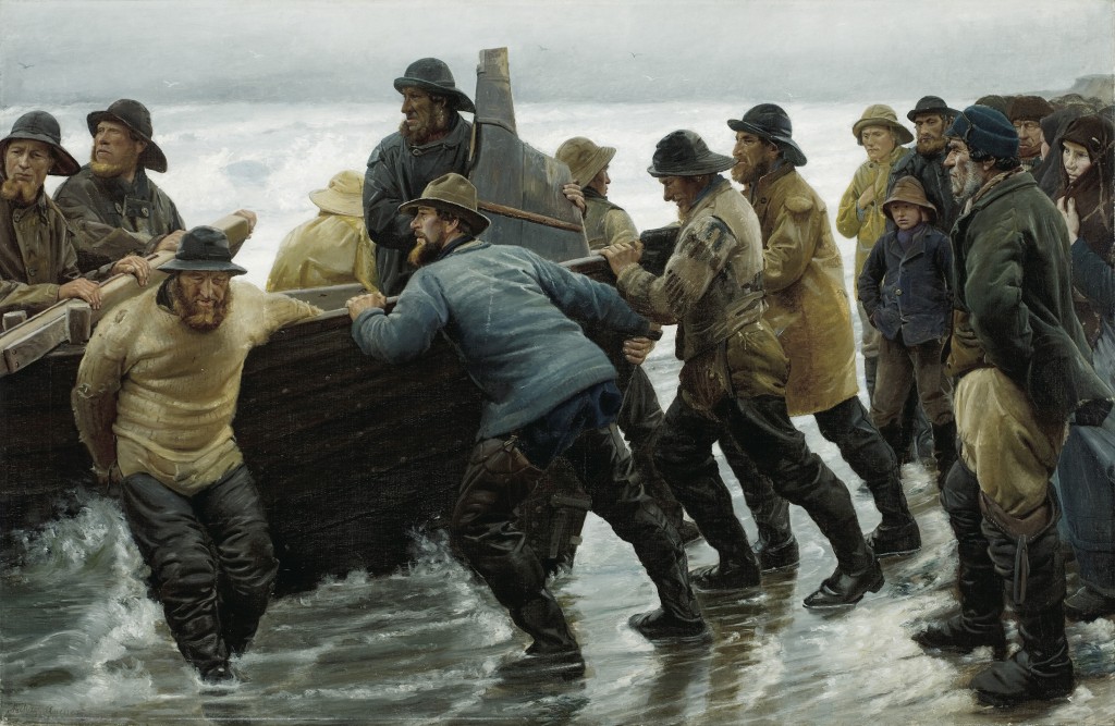 Michael AncherFiskere i færd med at sætte en rorsbåd i vandet 1881.jpg