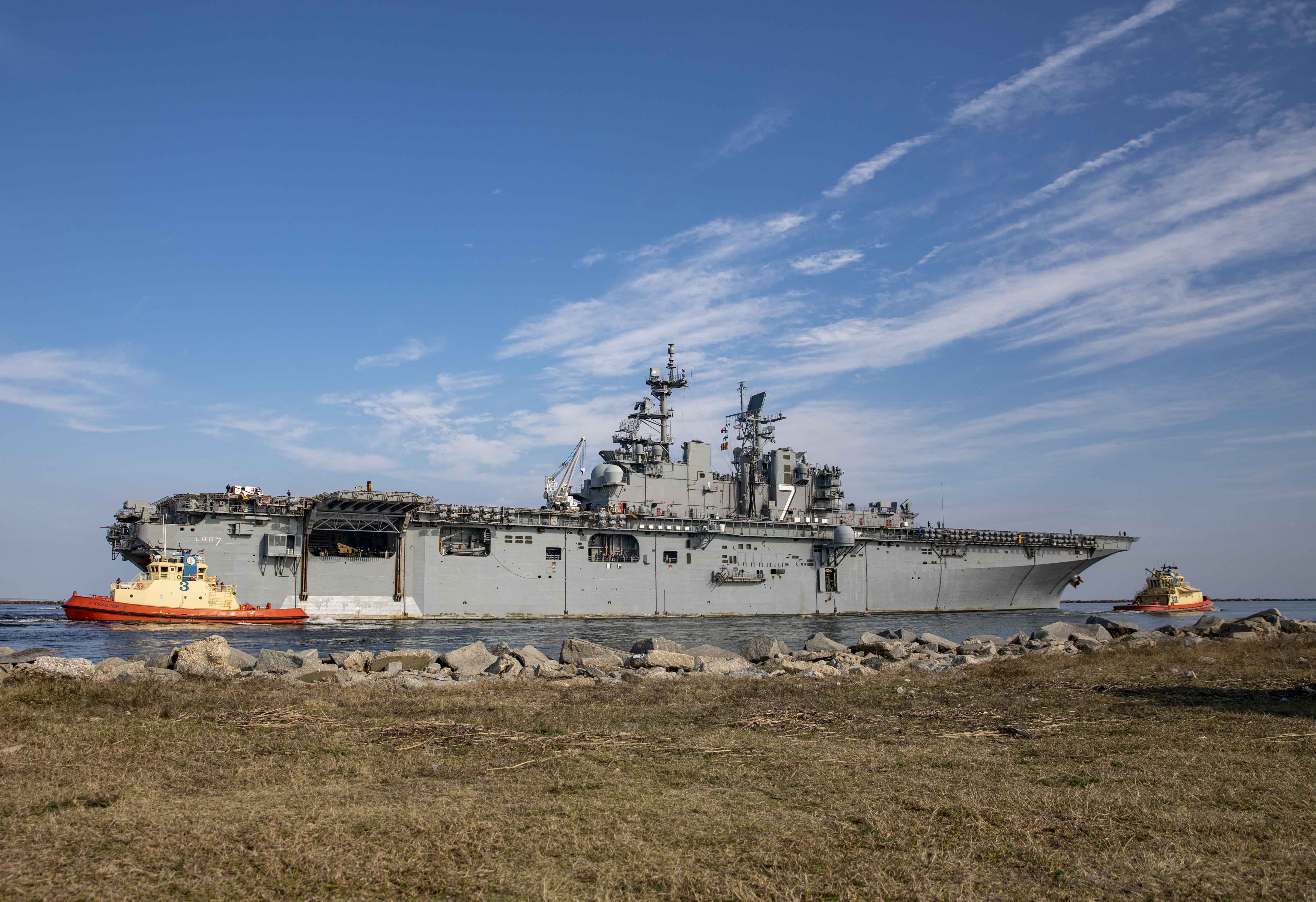 Wasp-class amphibious assault ship USS Iwo Jima (LHD-7) departs Naval Station Mayport, Florida, to execute a homeport shift from Mayport to Naval Station Norfolk, Virginia, Dec. 10..jpeg