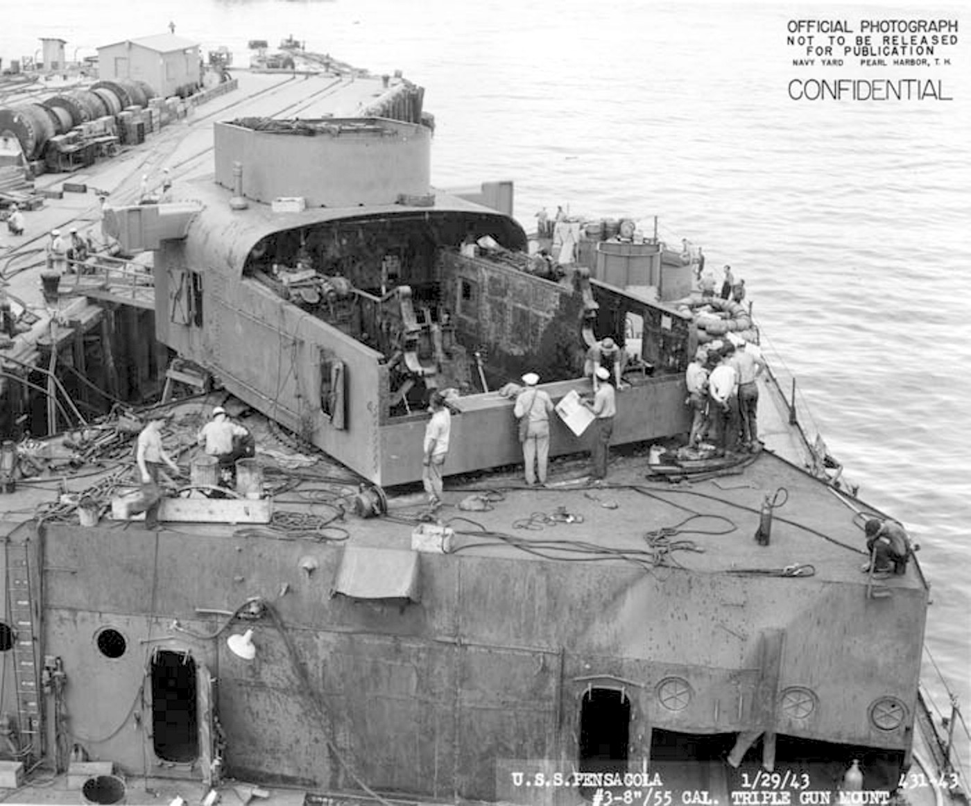 Preparing for the removal of 8%22 turret #3 while at Pearl Harbor Navy Yard on 29 January 1943. The turret was damaged during the Battle of Tassafaronga, off Guadalcanal on 30 November 1942..jpg