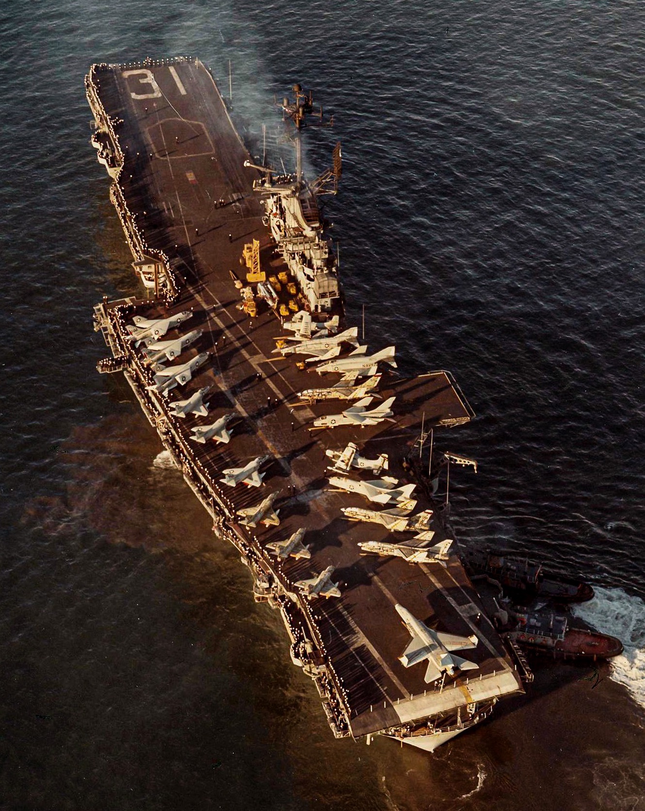 USS Bon Homme Richard (CVA-31) off San Diego, probably upon return from her last deployment circa 1970. Note that among the aircraft the two McD F-4 Phantoms and a NA RA-5C Vigilante.jpeg