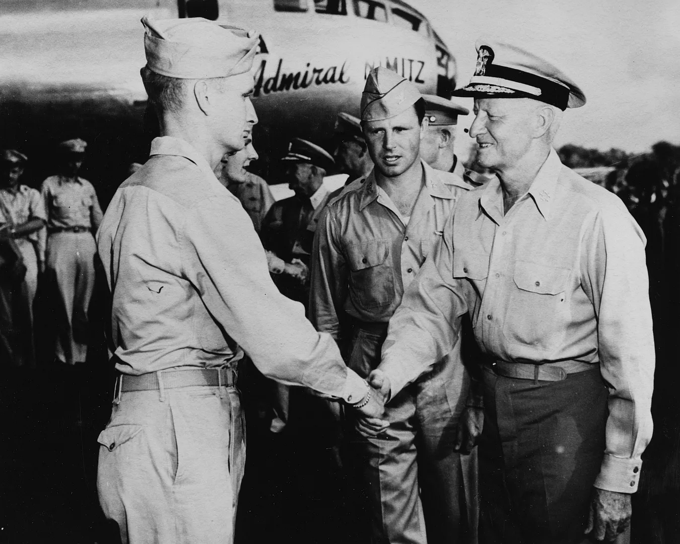 B-29 Superfortress named for Fleet Admiral Chester W. Nimitz Commander-in-Chief Pacific-Pacific Ocean Area CINCPAC-POA lands at Guam for his use 1945-4..jpg